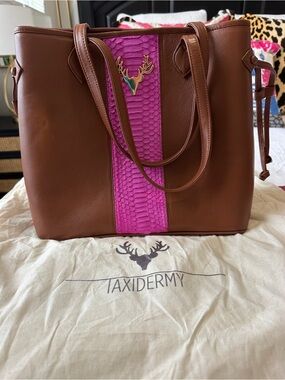 Taxidermy Brown Leather Tote with Pink Snake-Texture Accent